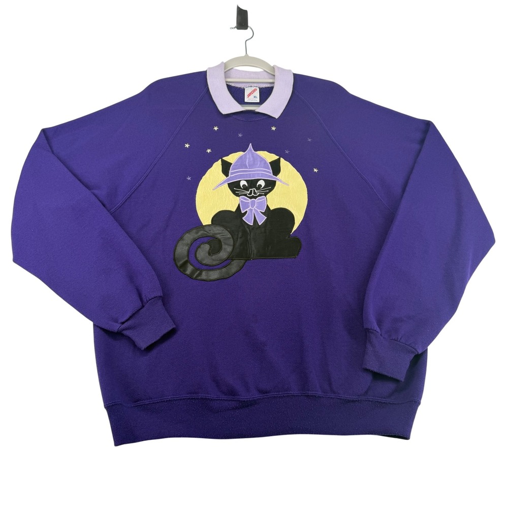 Vintage Jerzees Halloween Black Cat Witch Applique Womens X-Large Sweatshirt USA